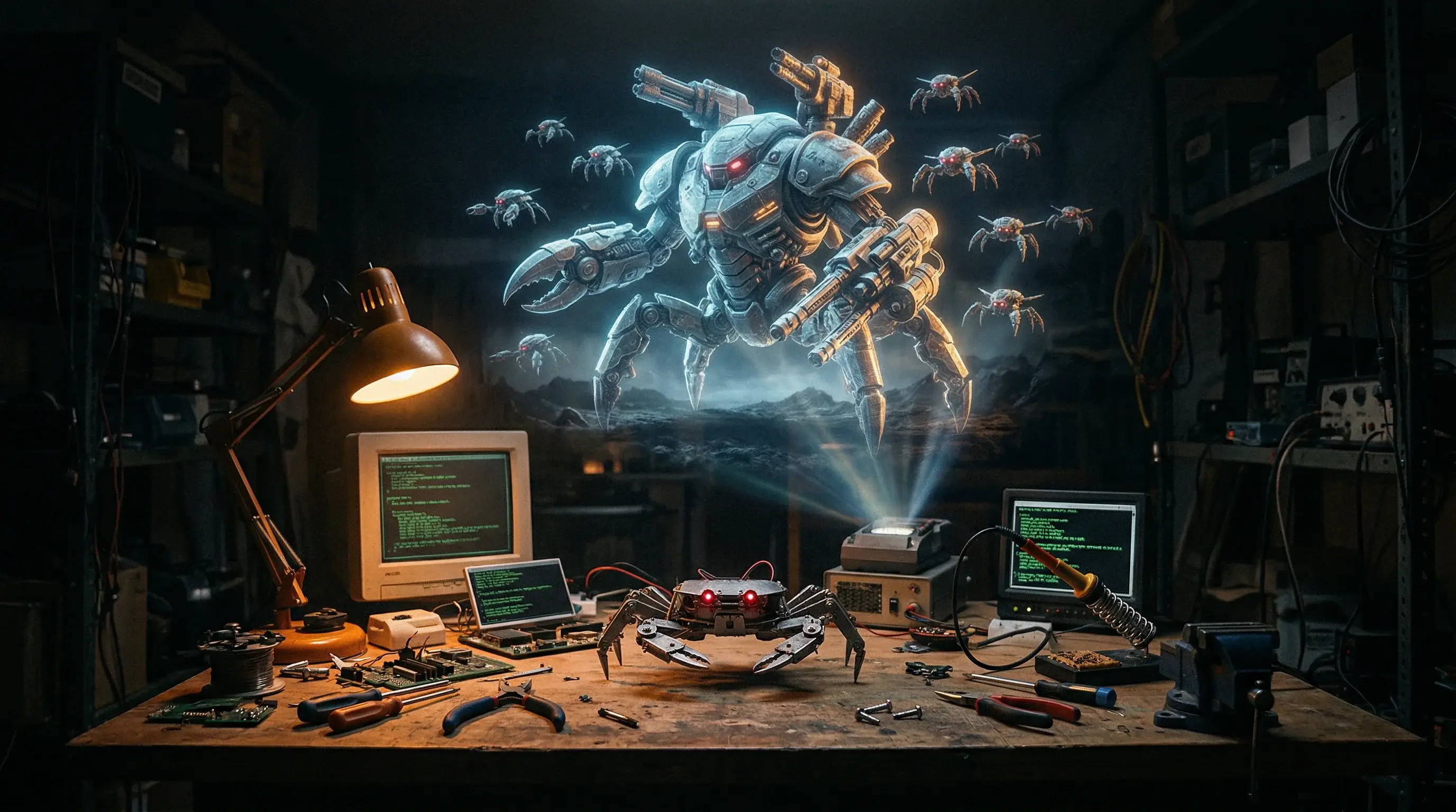 ClawRevOps origin story — early builds era, warrior and crab drone swarm in workshop environment