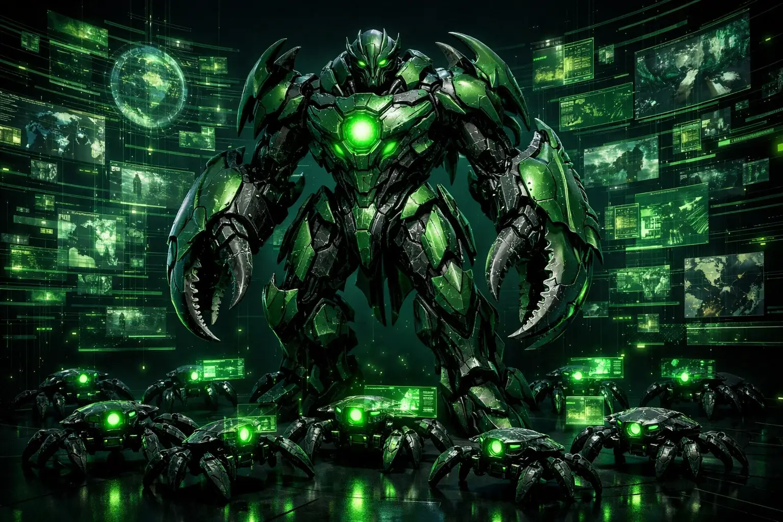 ClawRevOps Intel — Stealth Ops biomechanical warrior surrounded by intelligence data streams and scanner drone sub-agents analyzing revenue operations data