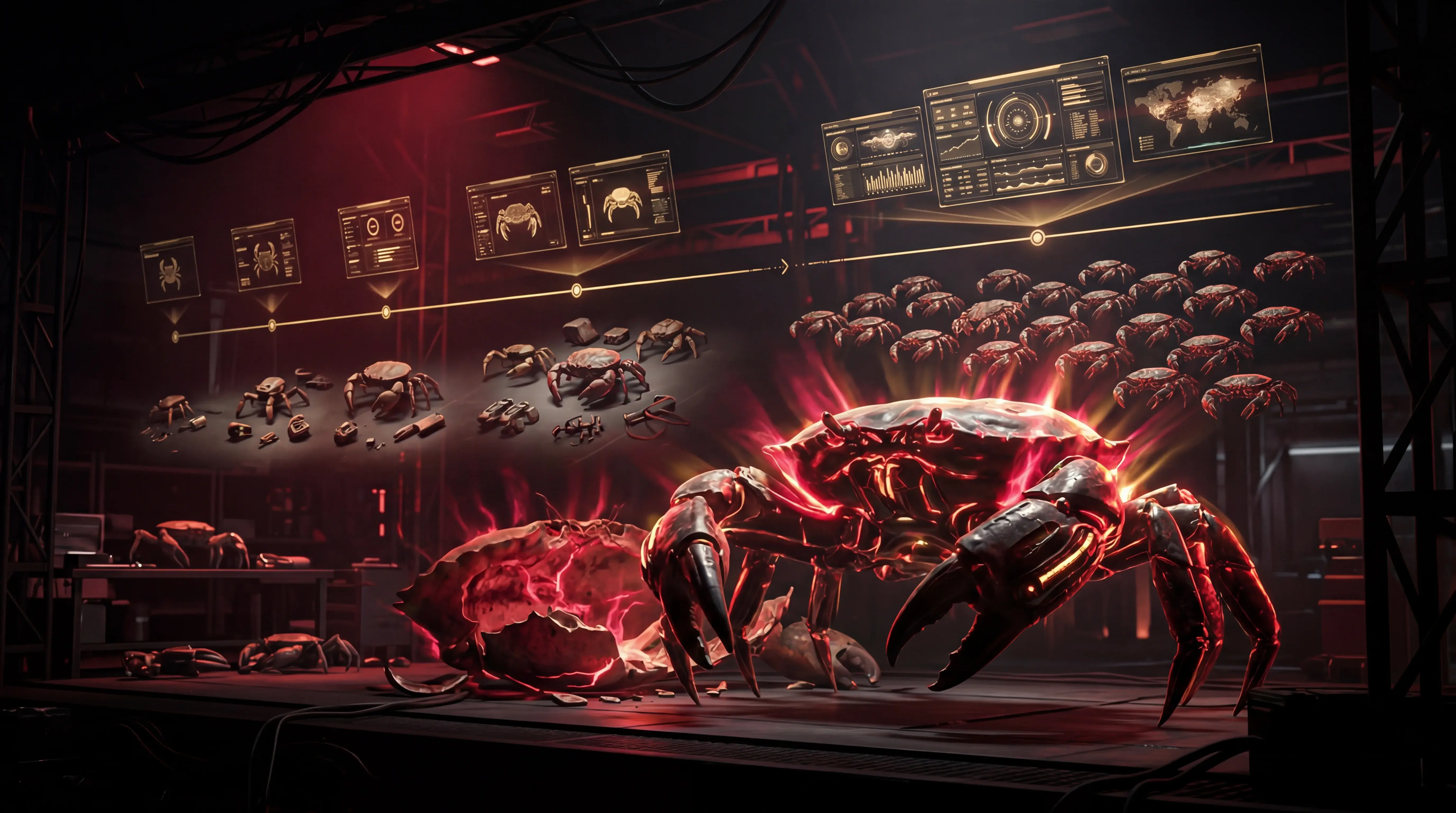 ClawRevOps Journey — crimson warrior with swarm of crab drones representing the evolution from $47 workshops to enterprise AI fleet deployments