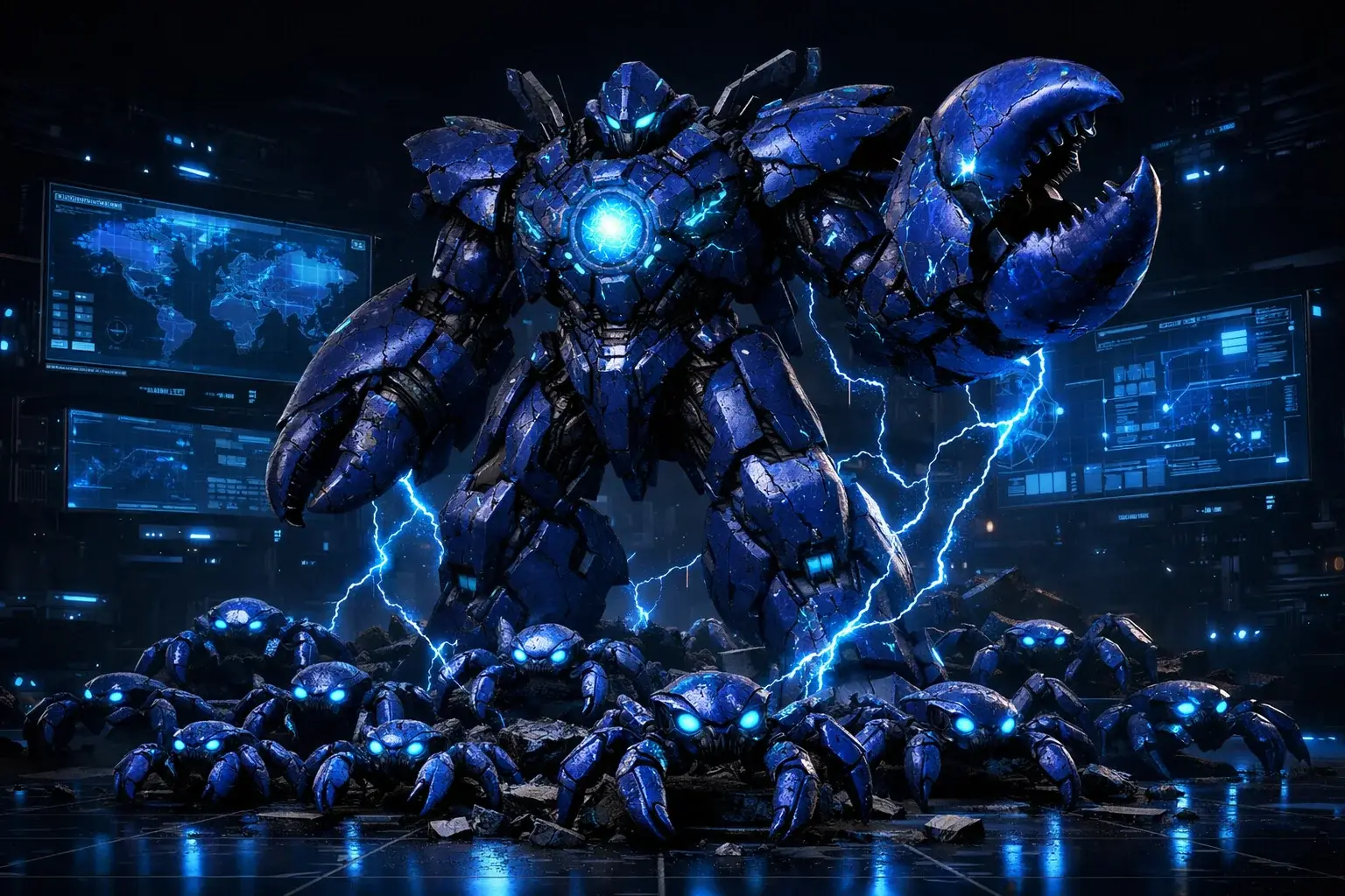 ClawRevOps CMO Claw — Phantom Blue biomechanical AI agent warrior commanding a swarm of marketing automation sub-agents with campaign analytics HUDs